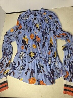 Belle Vere Boho Blue Floral Micro Pleated Mock Neck Blouse  Size S/M